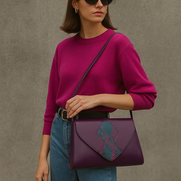 Vintage 80s Genuine Leather Snakeskin Crossbody Clutch Bag OS Purple Multi - Picture 1 of 16
